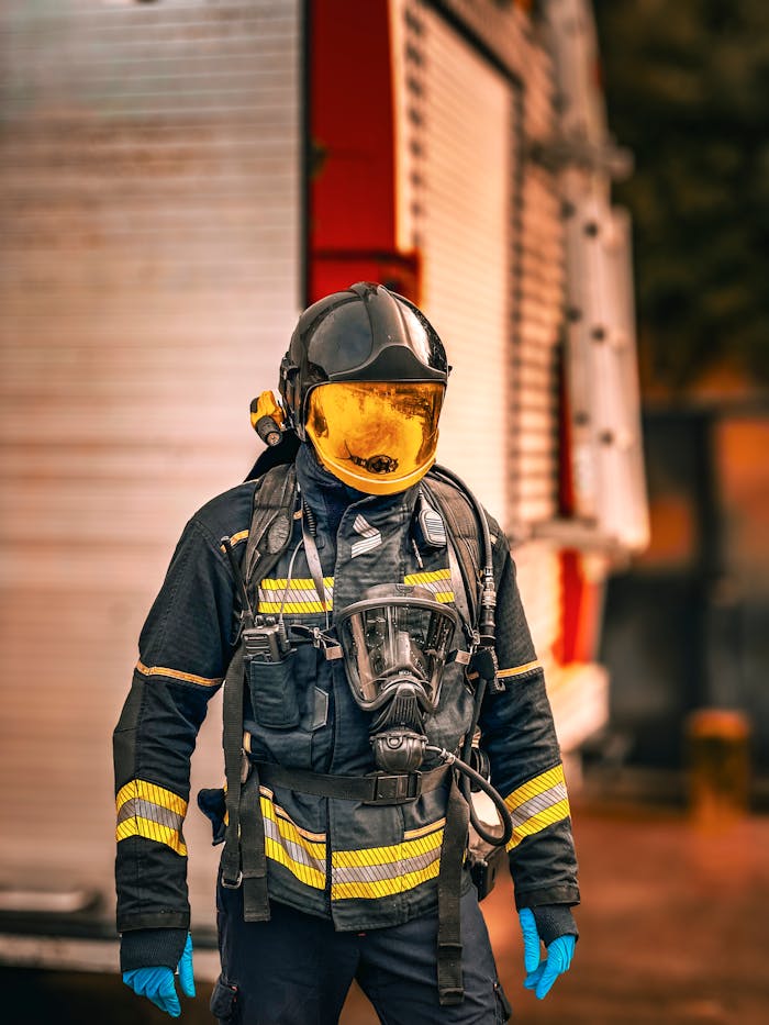 Firefighter equipped with safety gear standing beside fire truck during emergency response.