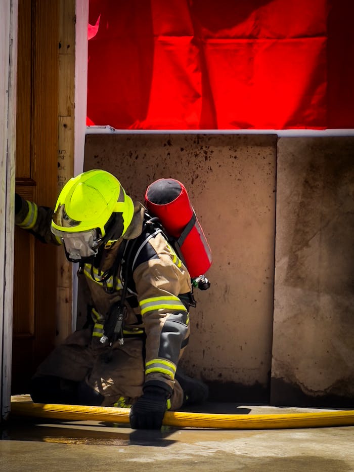Brave firefighter in protective gear handling a hose indoors during training.
